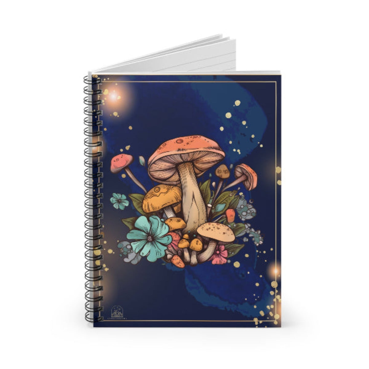 Notebook with a colorful mushroom and floral design on a dark blue background