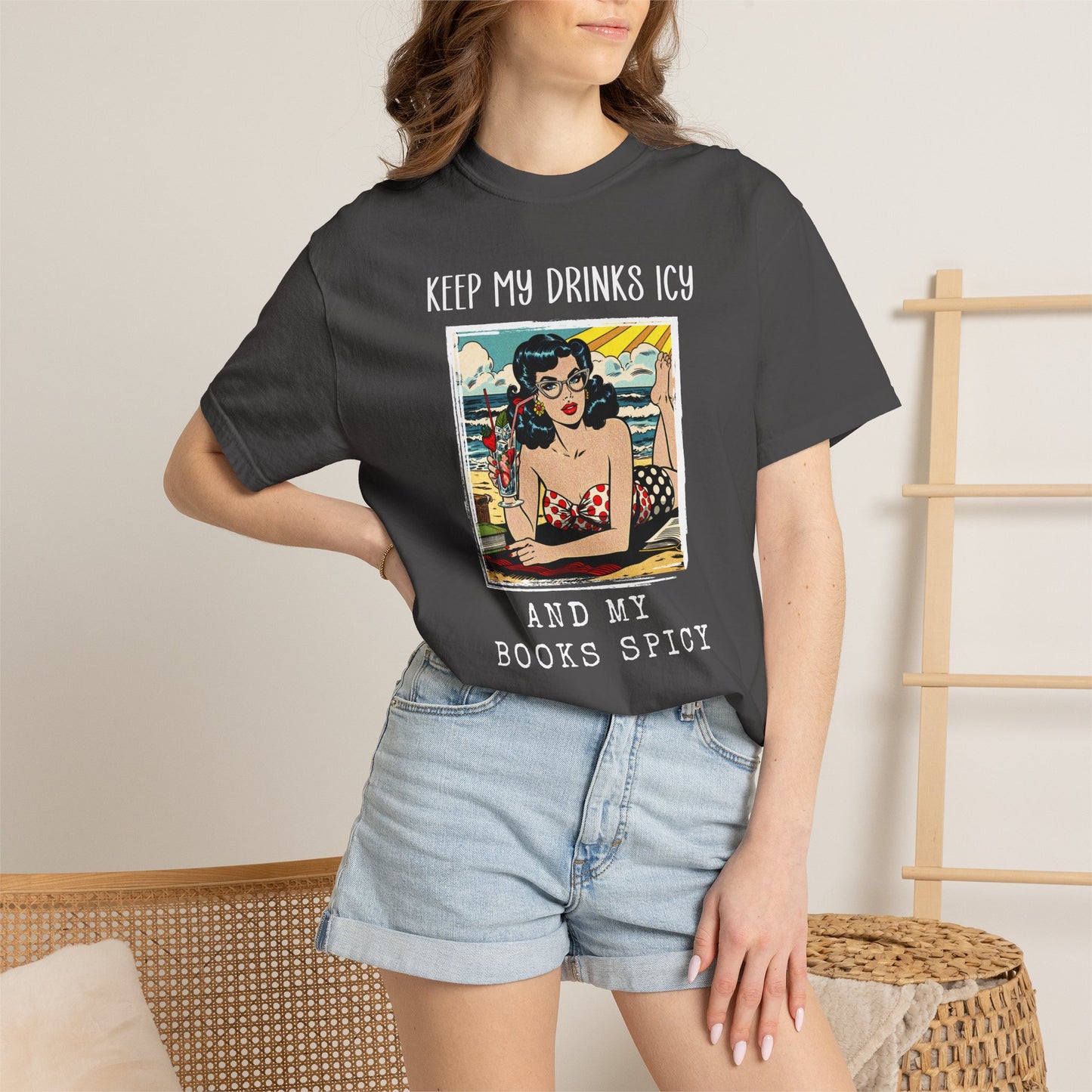 Keep My Drinks Icy And My Books Spicy T-shirt | Retro Pinup Beach Graphic