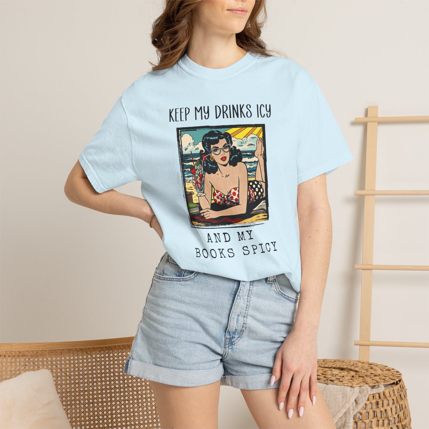 Keep My Drinks Icy And My Books Spicy T-shirt | Retro Pinup Beach Graphic