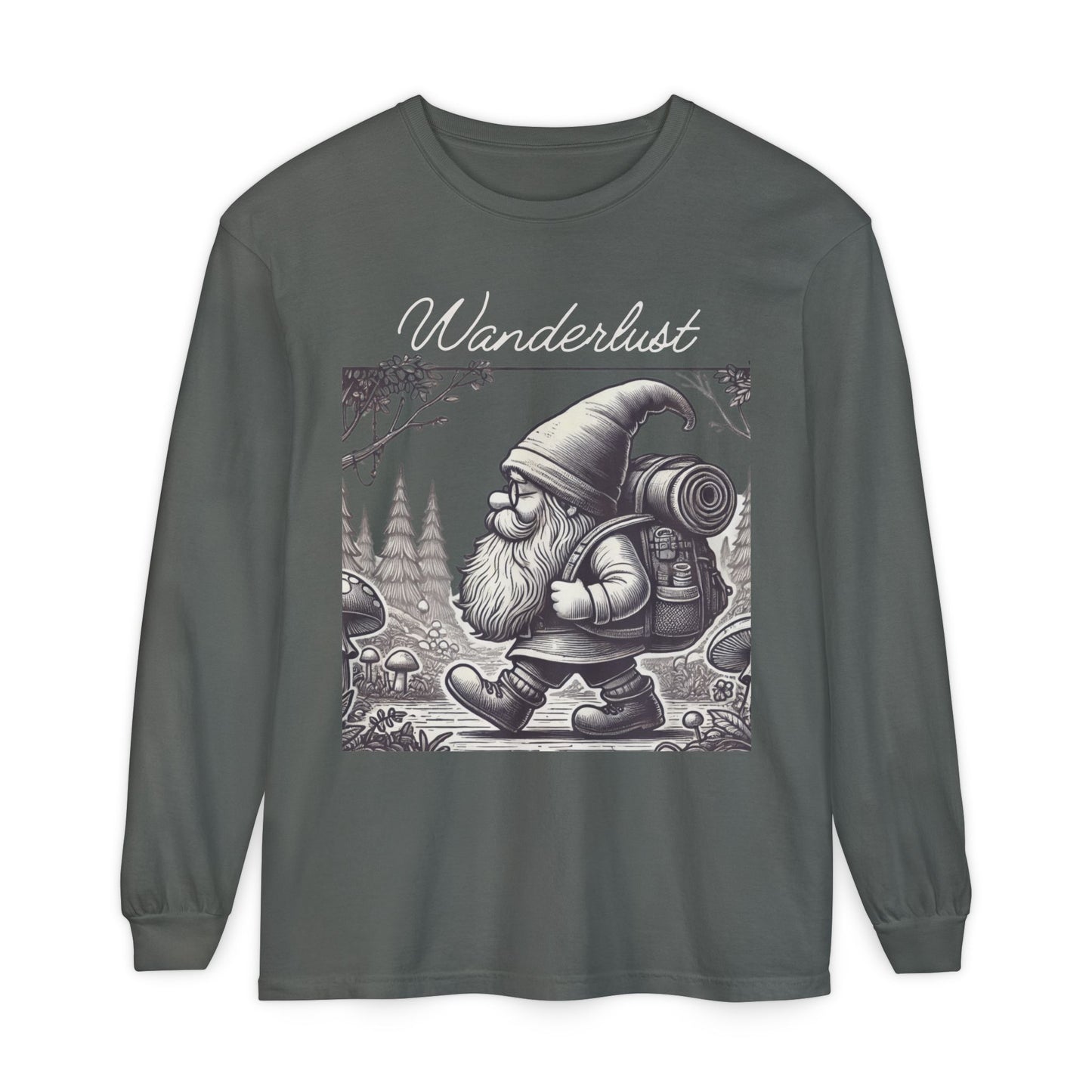 Wanderlust Gnome | Unisex Garment-dyed Long Sleeve Shirt