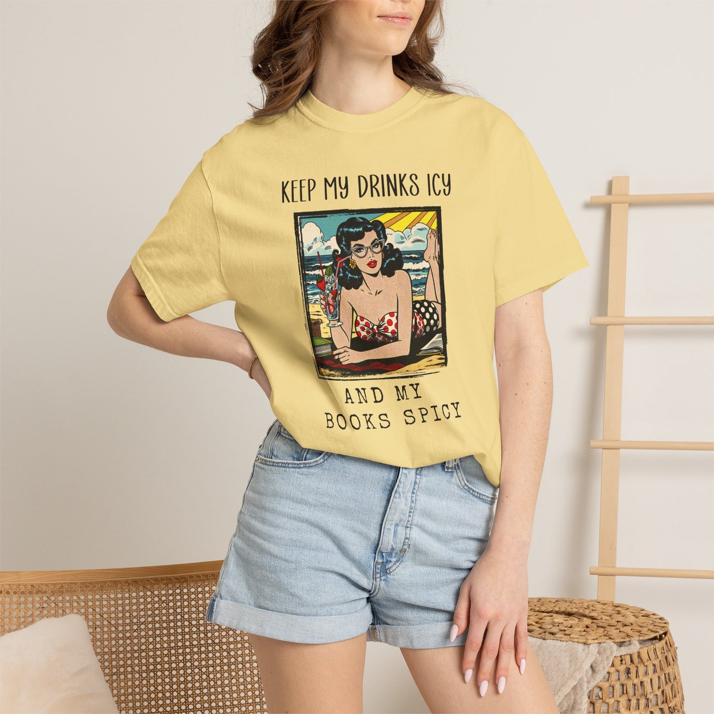 Keep My Drinks Icy And My Books Spicy T-shirt | Retro Pinup Beach Graphic